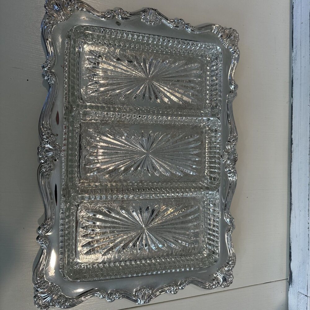 Vtg Oneida Silverplate Chippendale Relish Tray 3 Crystal Liners